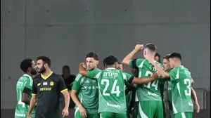 שחקני מכבי חיפה חוגגים שער, הראל שלום שחקן מכבי נתניה מאוכזב