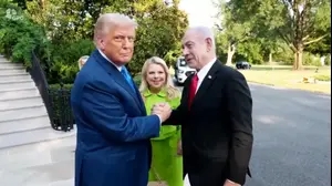 דונלד טראמפ מקבל את פניהם של בנימין ושרה נתניהו בבית הלבן, 7.7.2025