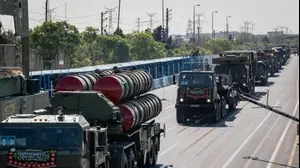 An S-300 long-range surface-to-air missile system is carried by a military vehicle during a military parade commemorating the anniversary of Army Day outside the Shrine of Iran's late leader Ayatollah Ruhollah Khomeini in the south of Tehran, Iran, on April 18, 2025